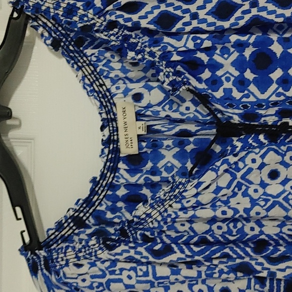 Jones New York Blue Patterned Women's XL Top Puff Sleeve Tassels Elastic Hem - Picture 3 of 8